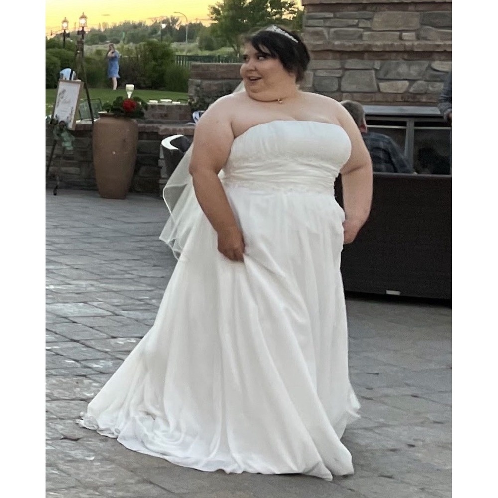 David's Bridal Wedding Dress Size 22 Ivory Beaded Waist Chiffon Gown Train